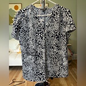 Hilary Radley Black and White Animal Print V-Neck Blouse